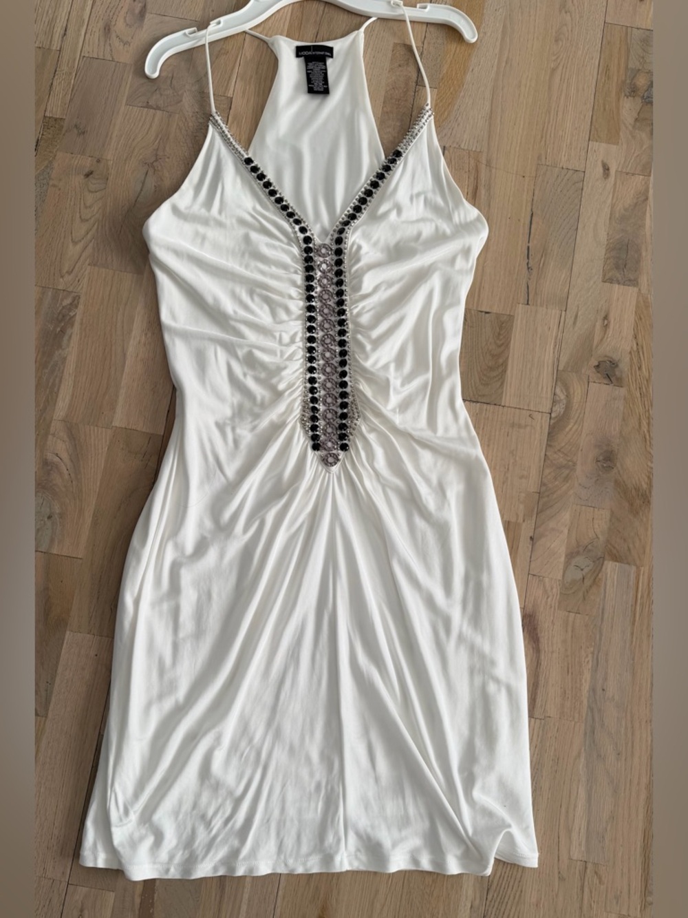 Moda International White Mini Dress with Black Crystal Trim